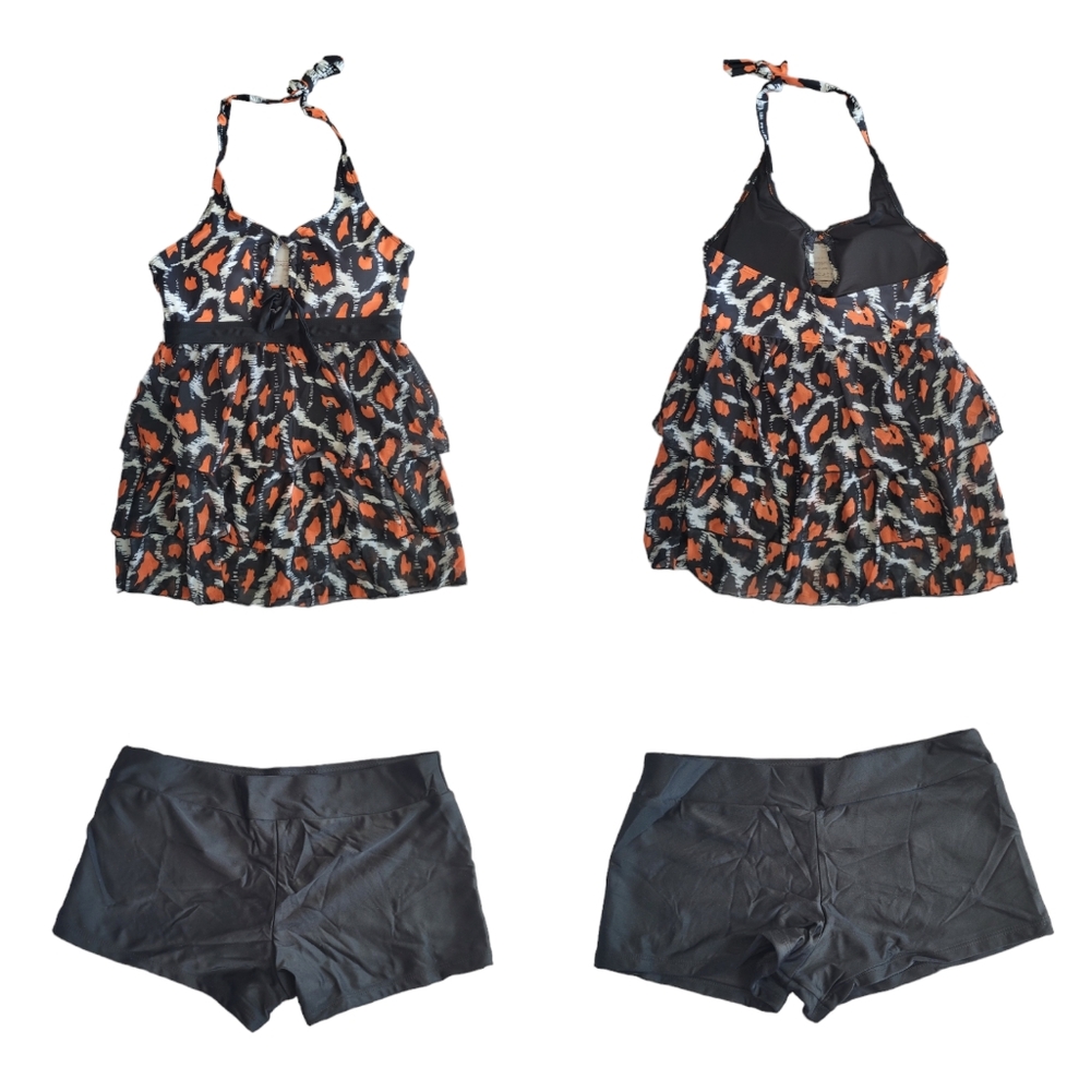 Unbranded Leopard Print Tankini Halter Ruffle Swim Short Set Size S